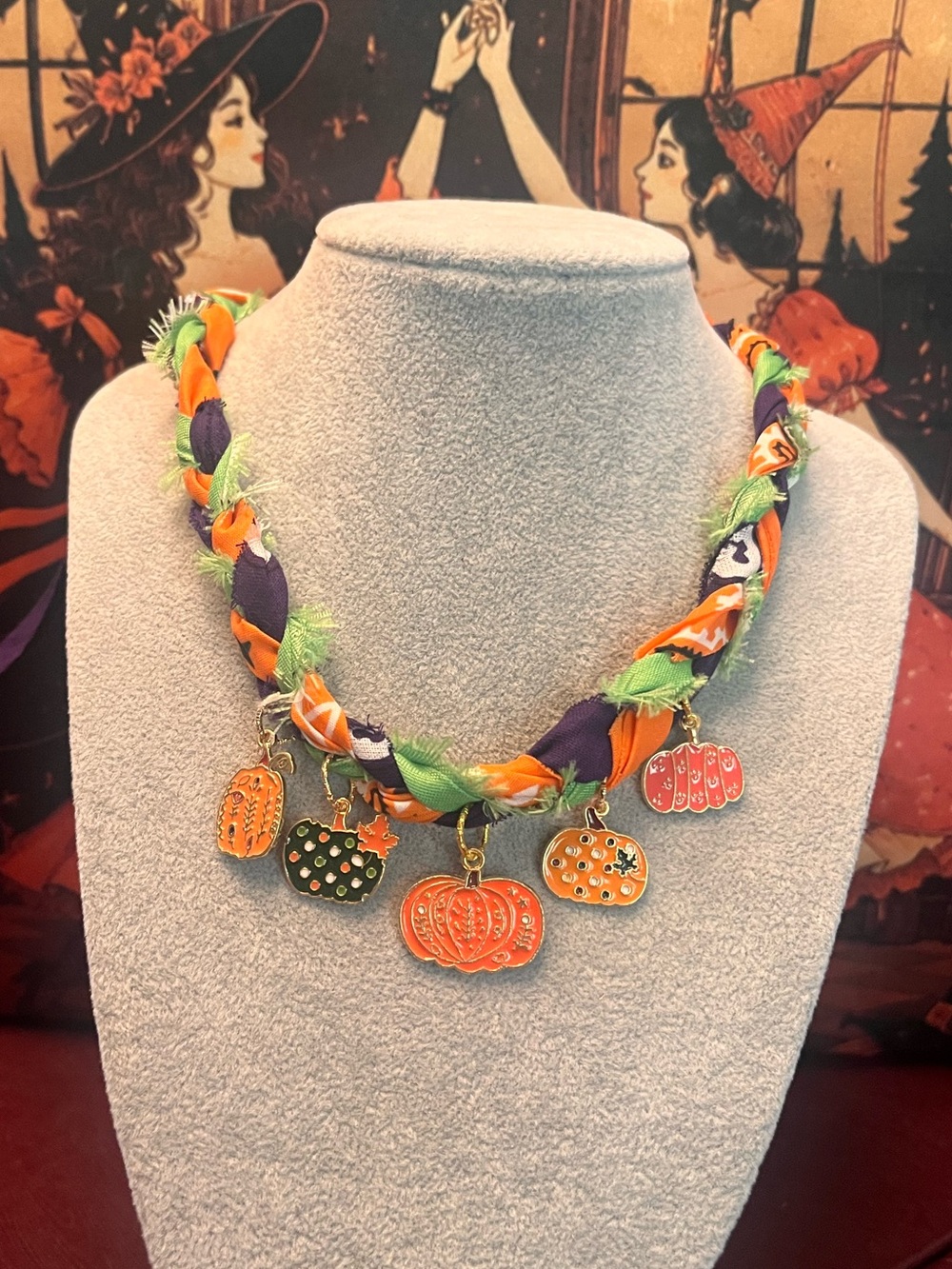 Festive Halloween Braided Bandana Pumpkin Charm Necklace, Orange, Green, Purple